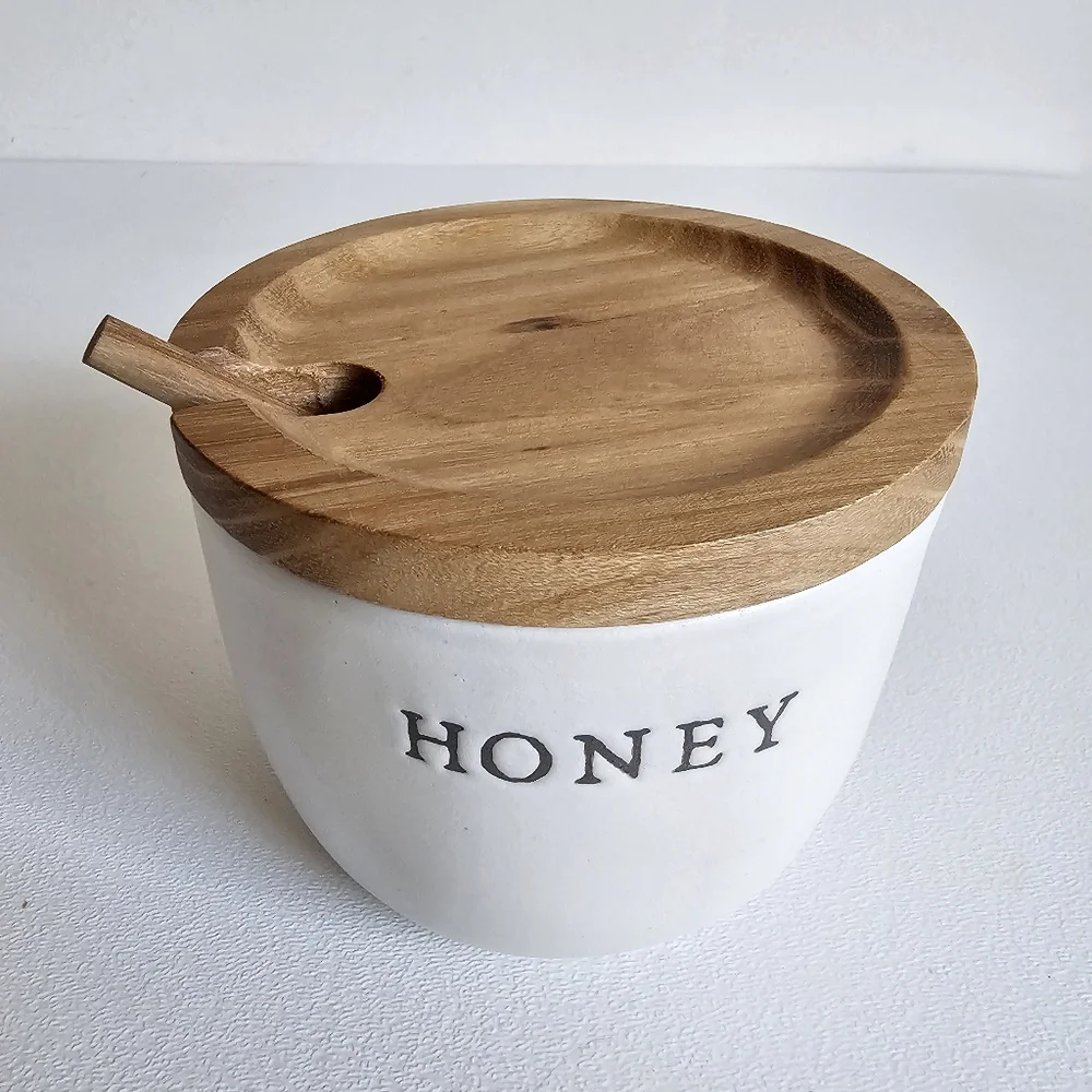 Heart & Hand With Magnolia Stonewear White Honey Jar Acacia Wooden Dipper & Lid